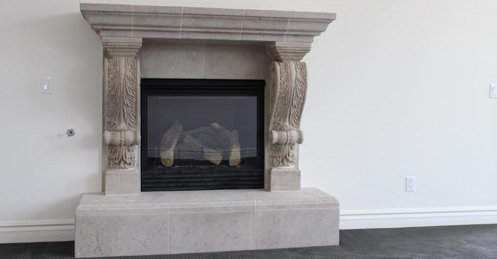 Mesa Precast | Ornate Fireplace with Graziella Corbel | Product Color: Oak Birch | Product Finish : Travartine Finish