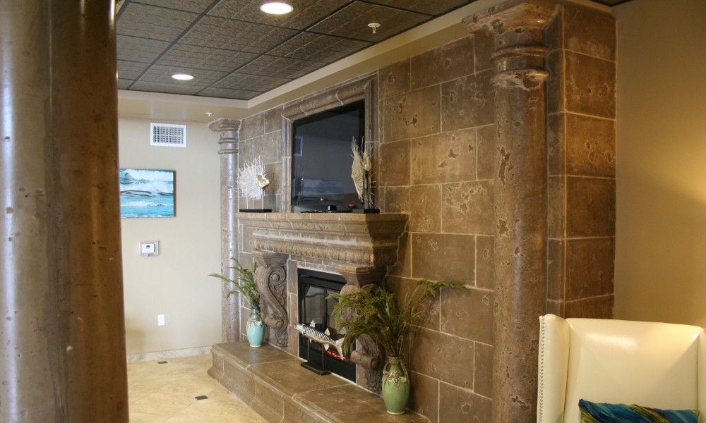 Fireplace with Integrated Wall Unit Design | Egg and Dart Trim - Graziella Corbel | Color: Anteler Tan