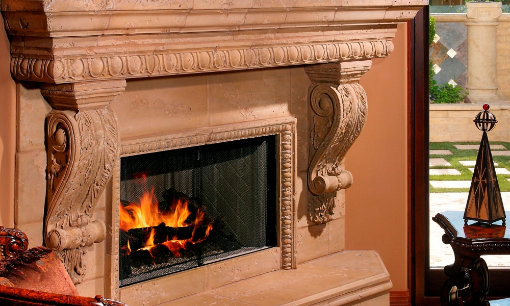 Custom Integrated Fireplace Design | Egg and Dart Architectural Trim in Two Sizes | Graziella Corbel | Precast Concrete Panels in Hearth and Mantle