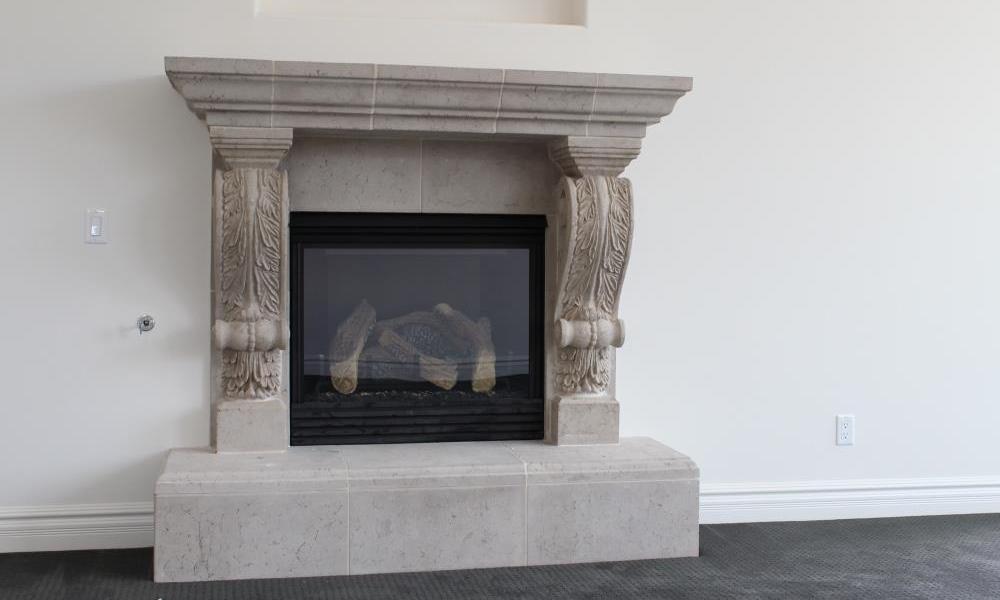 Fireplace with Graziella Corbel Legs | Travertine Finish