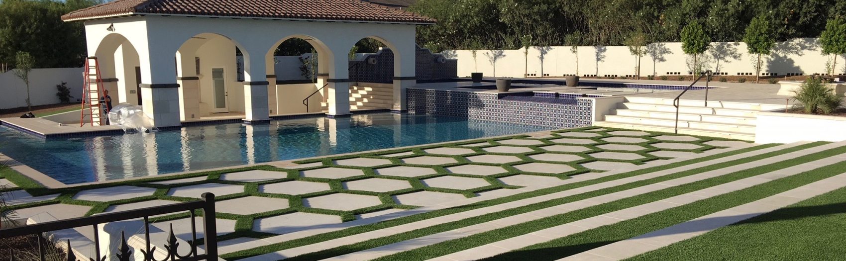 Pavers, Pool Coping, Custom Dark Color Design Accent using Manufactured Stone Panels