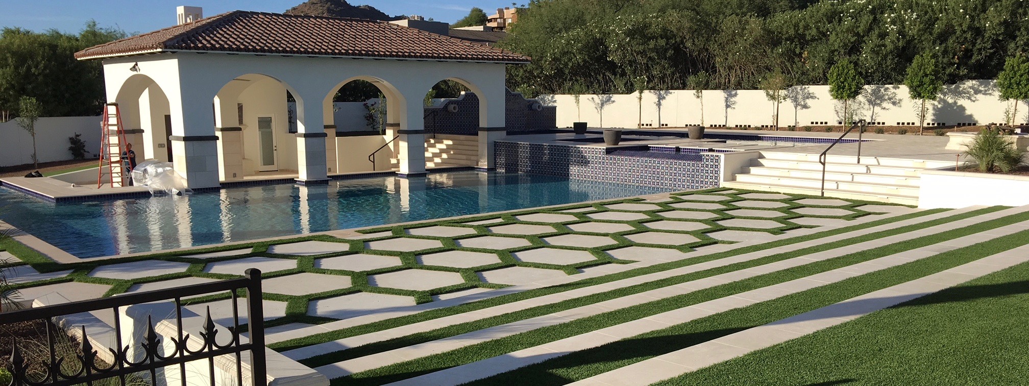 Pavers, Pool Coping, Custom Dark Color Design Accent using Manufactured Stone Panels